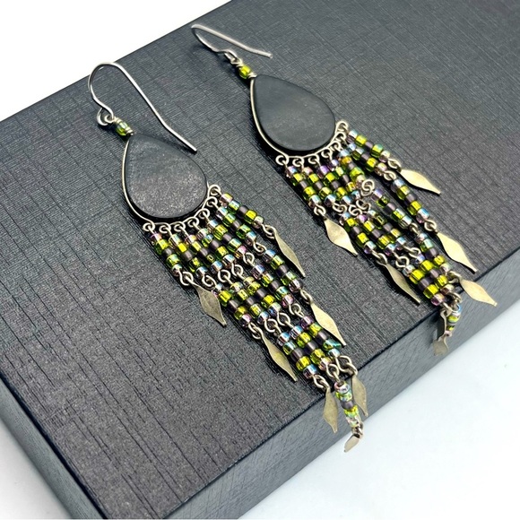 Artisan Native Dangle Fringe Earrings Silver Purple 3.5" - Picture 4 of 5